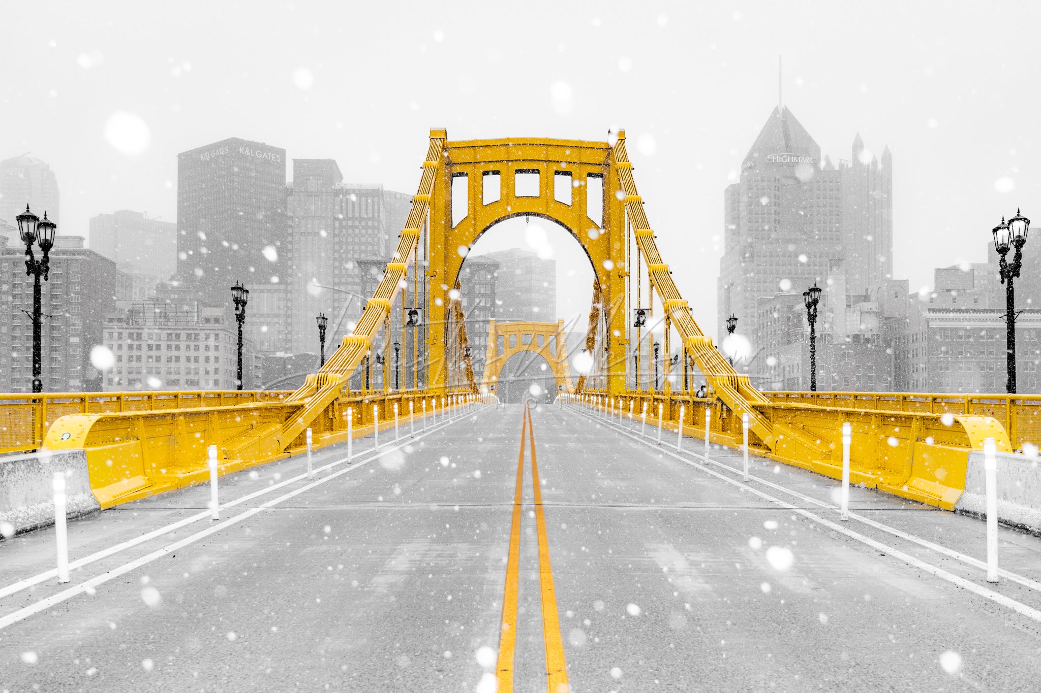Pittsburgh Bridge Photo Print - Snowy Black & Gold Clemente Bridge
