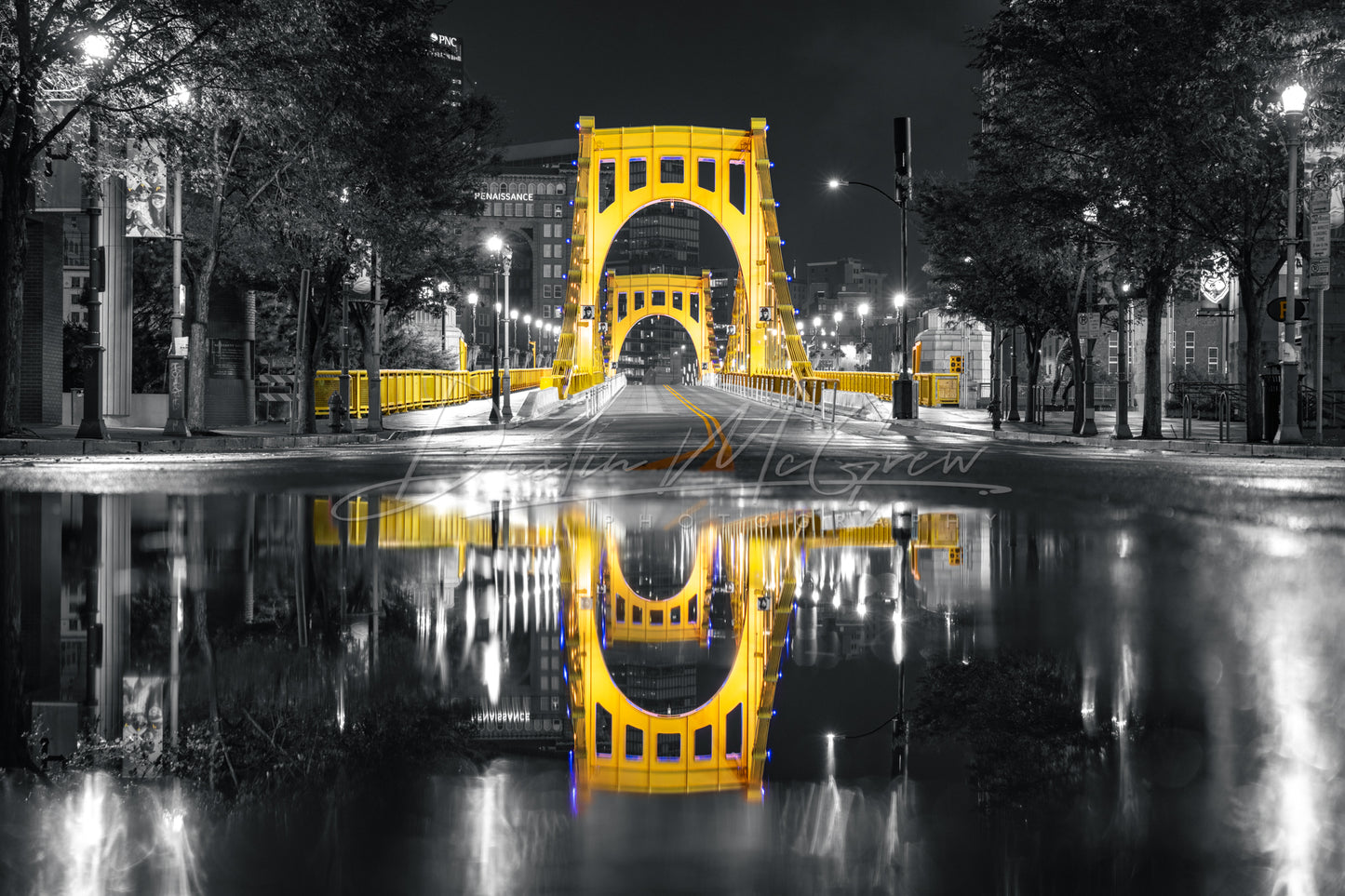 Black & Gold Clemente Bridge Puddle Reflection