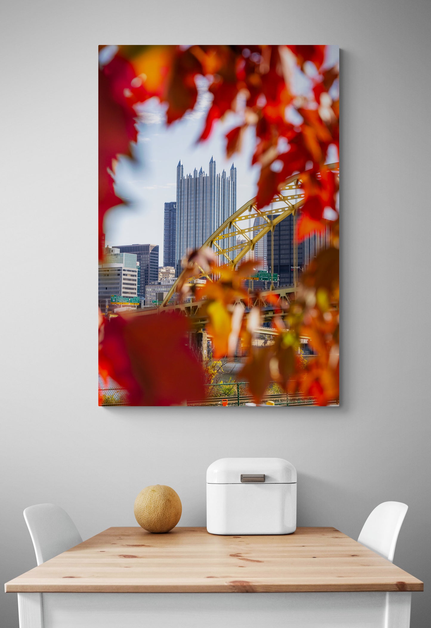 PPG Place and Fort Pitt Bridge Framed by Vibrant Fall Leaves