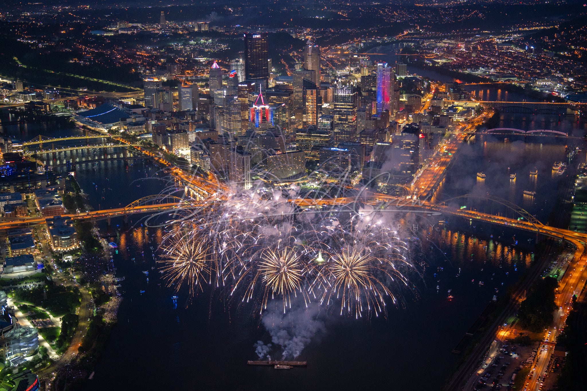 Pittsburgh Skyline Photography 4th of July Fireworks From High Above