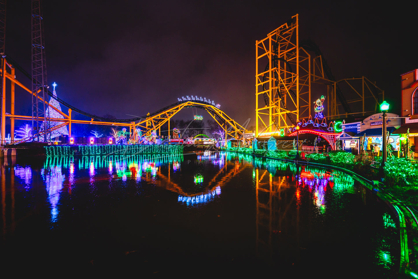 Kennywood's Steel Curtain Rollercoaster Reflects in a Pond at Kennywood