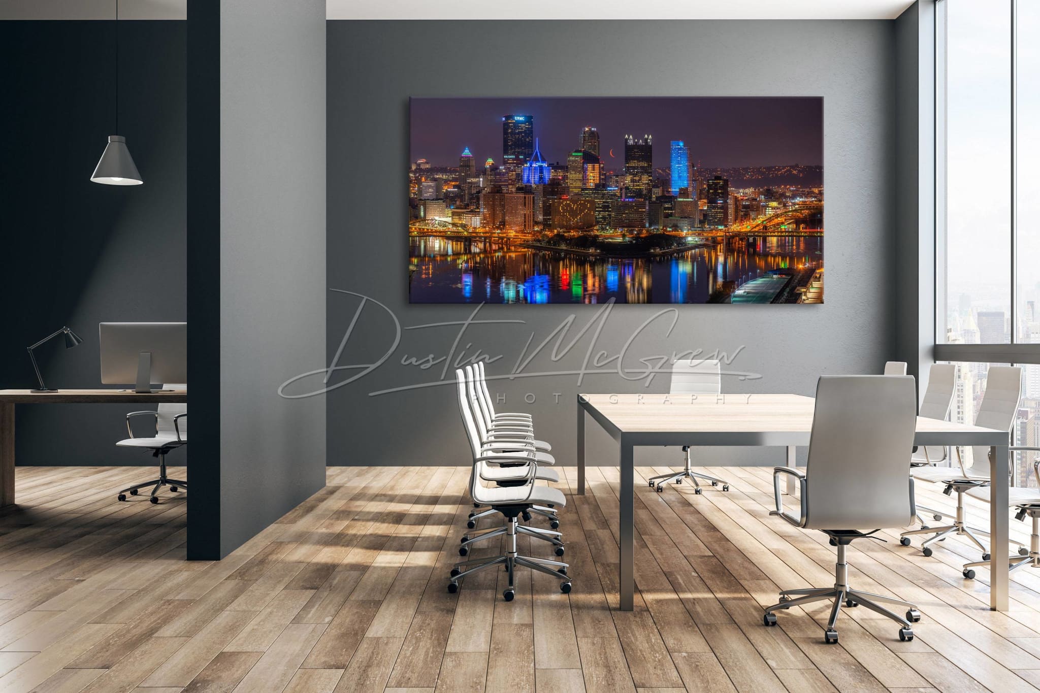 Pittsburgh Skyline Photo With Red Crescent Moon