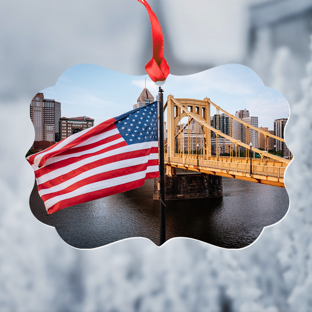 Clemente Bridge and U.S. Flag Metal Christmas Ornament