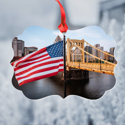 Clemente Bridge and U.S. Flag Metal Christmas Ornament