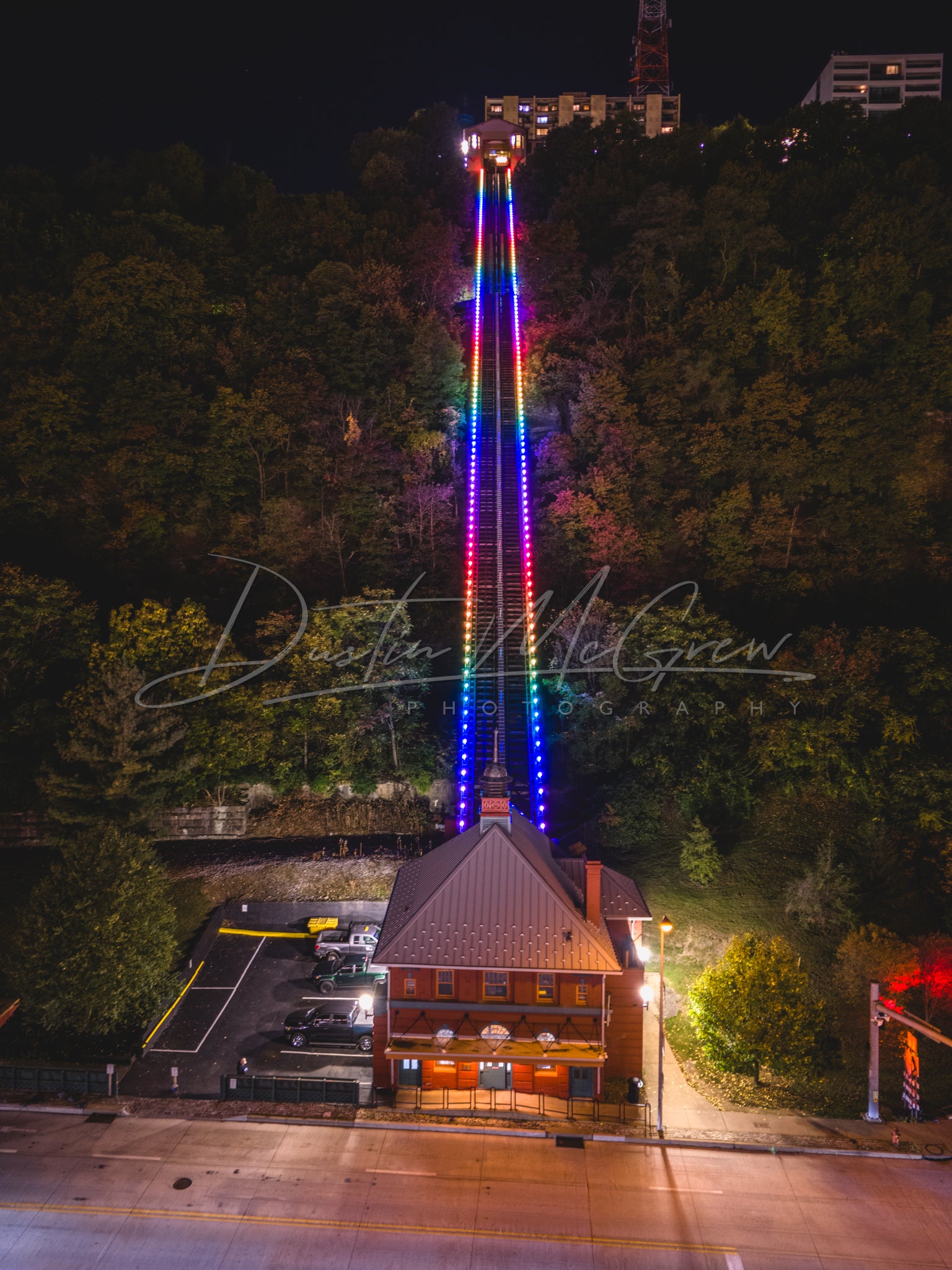 Monongahela Incline Lit Up in Rainbow Colors (Wide Angle Version)