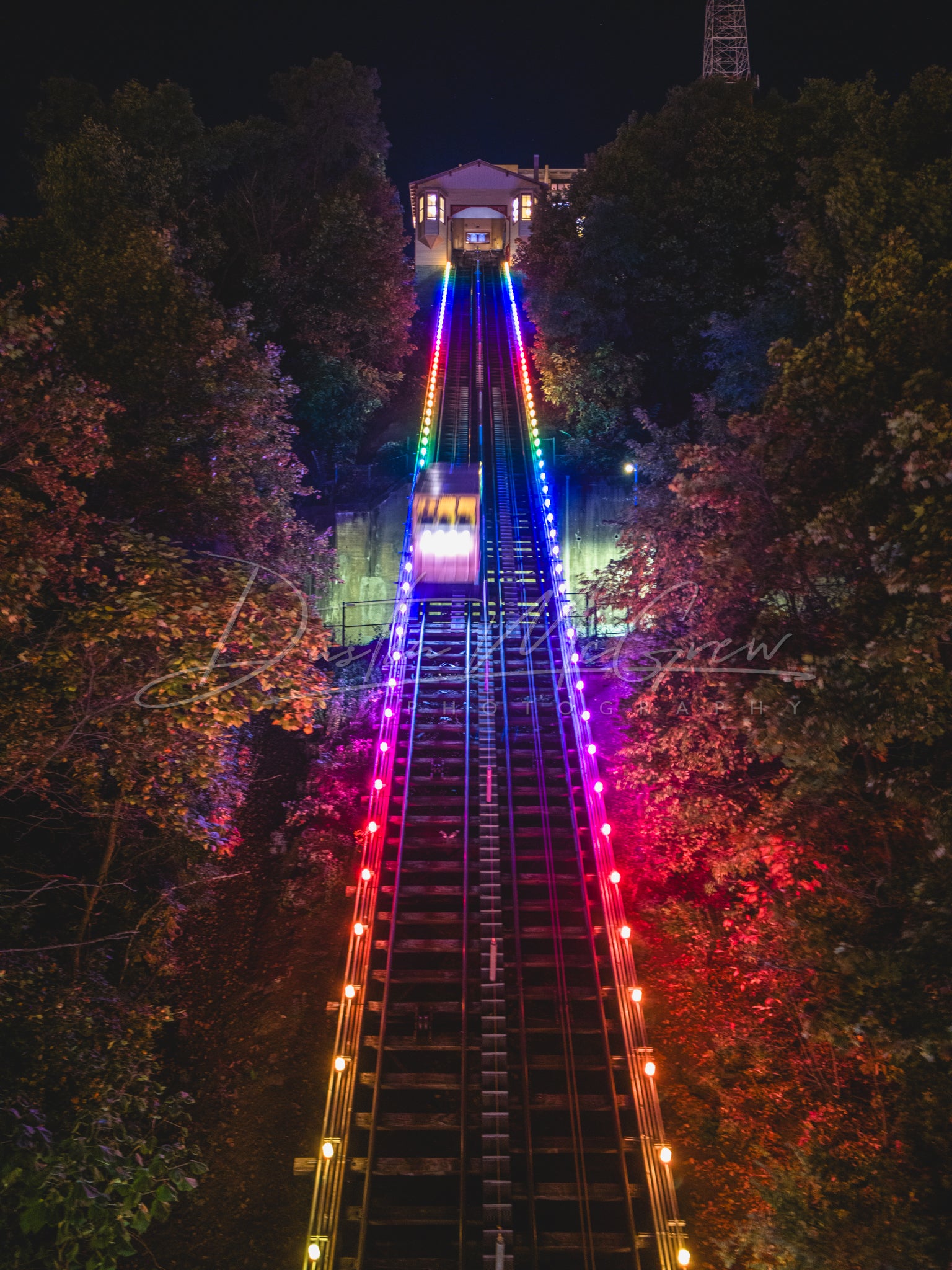 Monongahela Incline Lit Up in Rainbow Colors (Close-up Version)