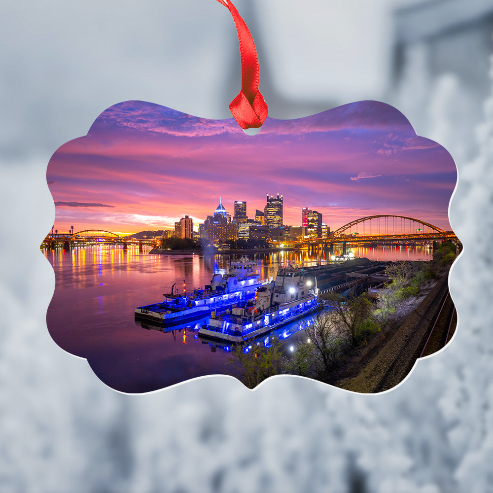 Pittsburgh Sunrise and Barges Metal Christmas Ornament