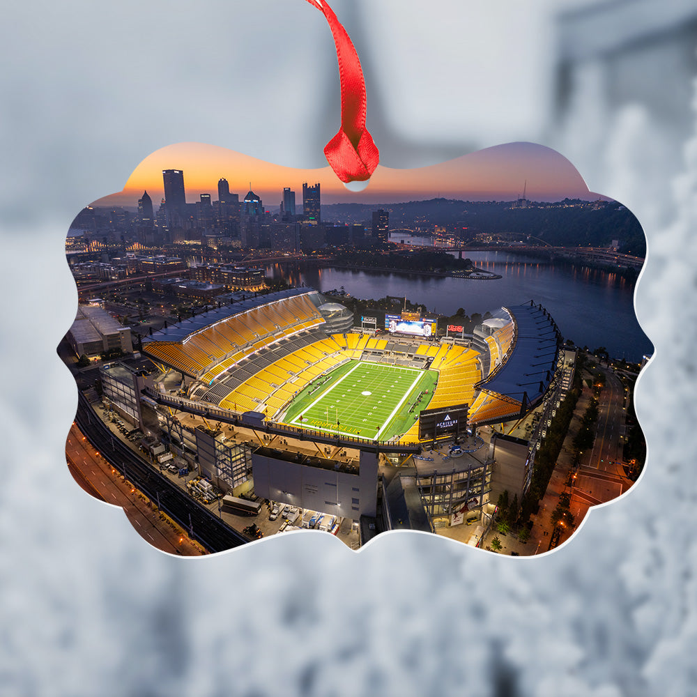 Acrisure Stadium and Pittsburgh Skyline Metal Christmas Ornament