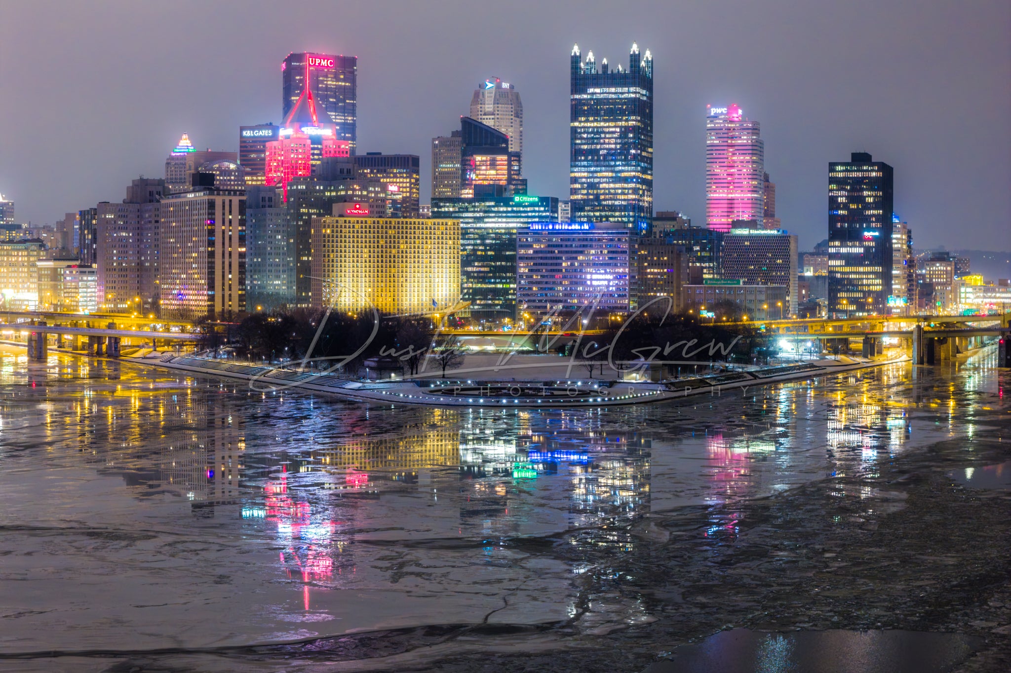 Pittsburgh Skyline Reflecting on Fractured Ice