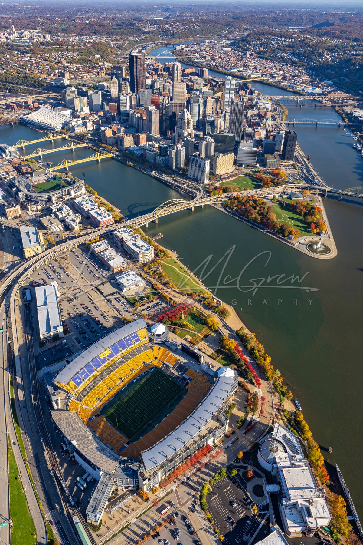 Acrisure Stadium, PNC Park, and the Pittsburgh Skyline