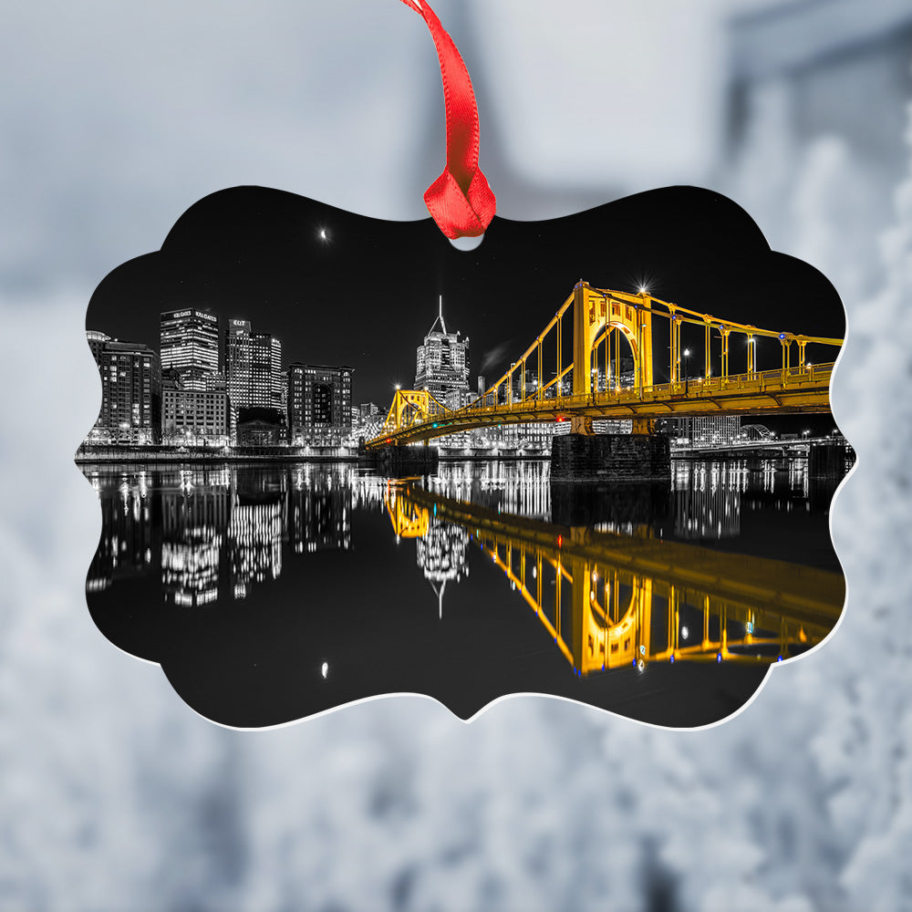 Clemente Bridge Reflection Black & Gold Metal Christmas Ornament