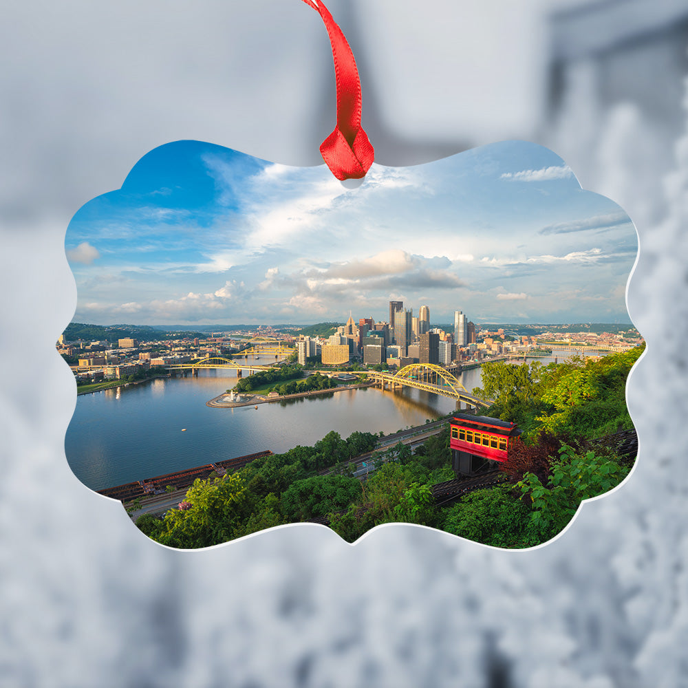 Duquesne Incline and Pittsburgh Skyline Metal Christmas Ornament