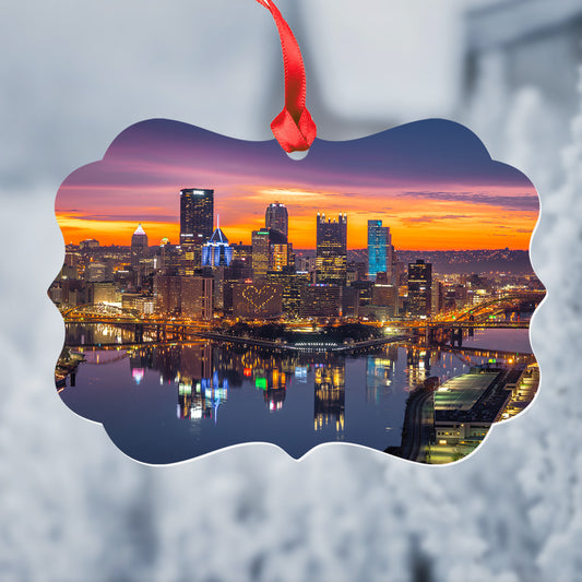 Pittsburgh Sunrise Heart Metal Christmas Ornament