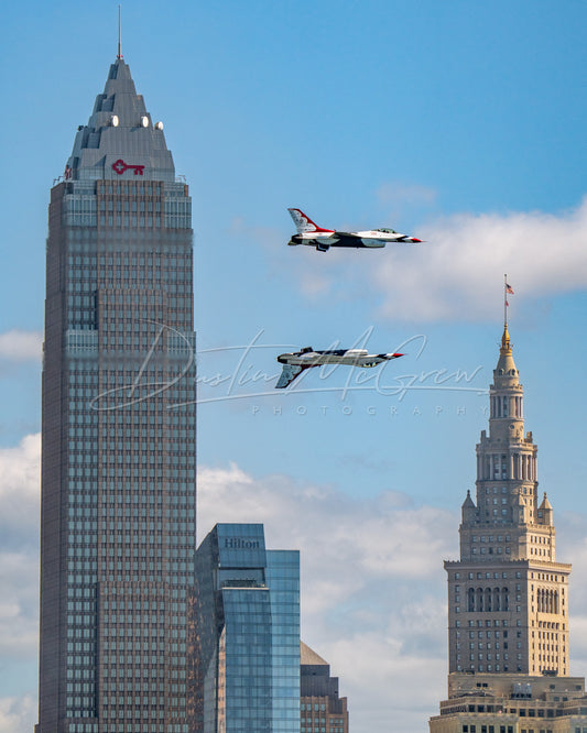 US Air Force Thunderbirds Fly by the Key Tower and Terminal Tower in Cleveland