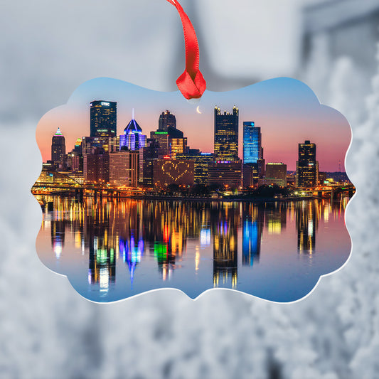 Pittsburgh Skyline Heart Reflection Metal Christmas Ornament