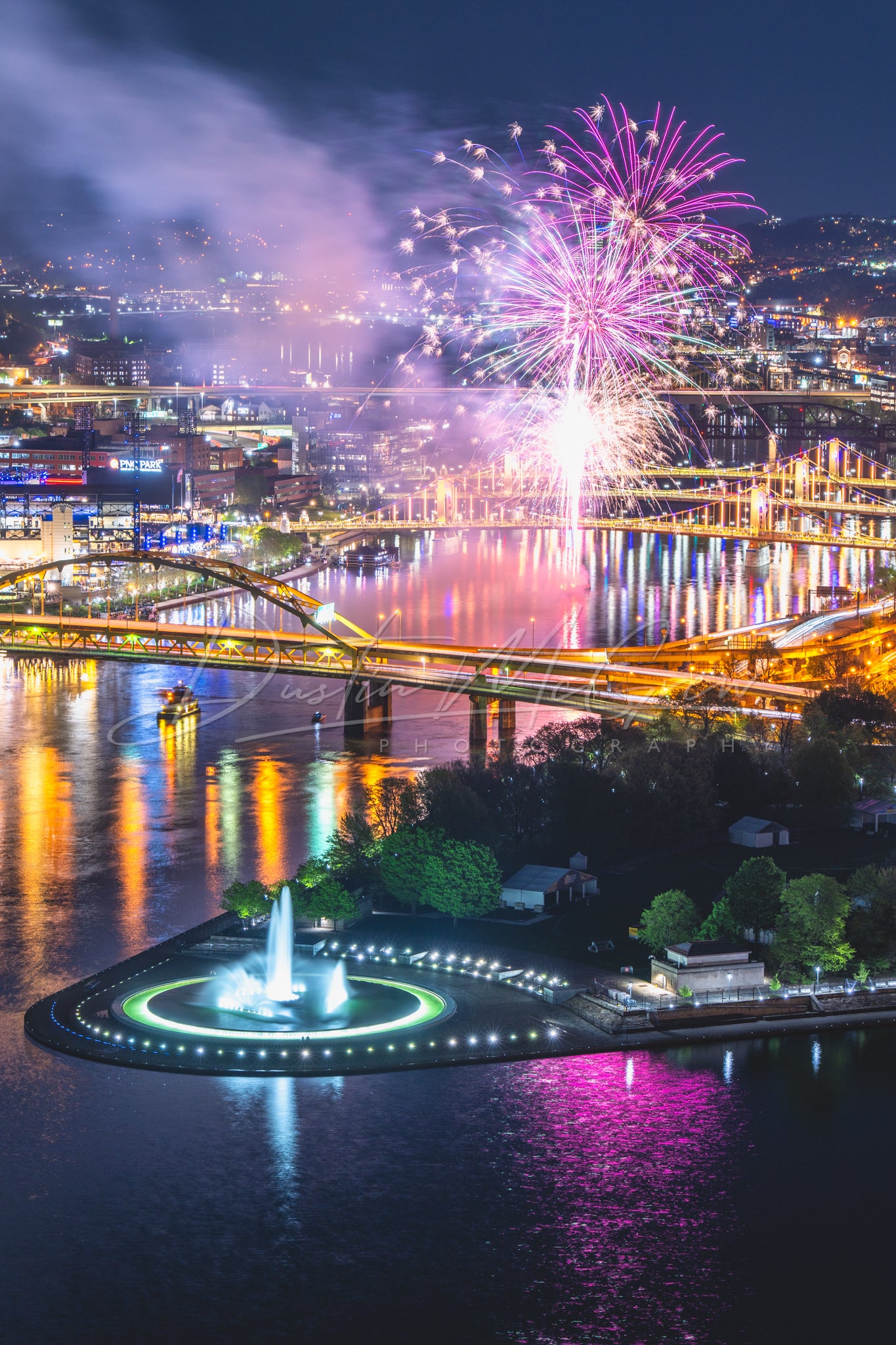 Fireworks Over the Allegheny River and Point State Park Fountain
