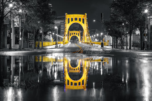 Black & Gold Clemente Bridge Puddle Reflection