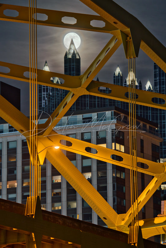 Fort Duquesne Bridge Frames the Full Moon and Spires of PPG Place
