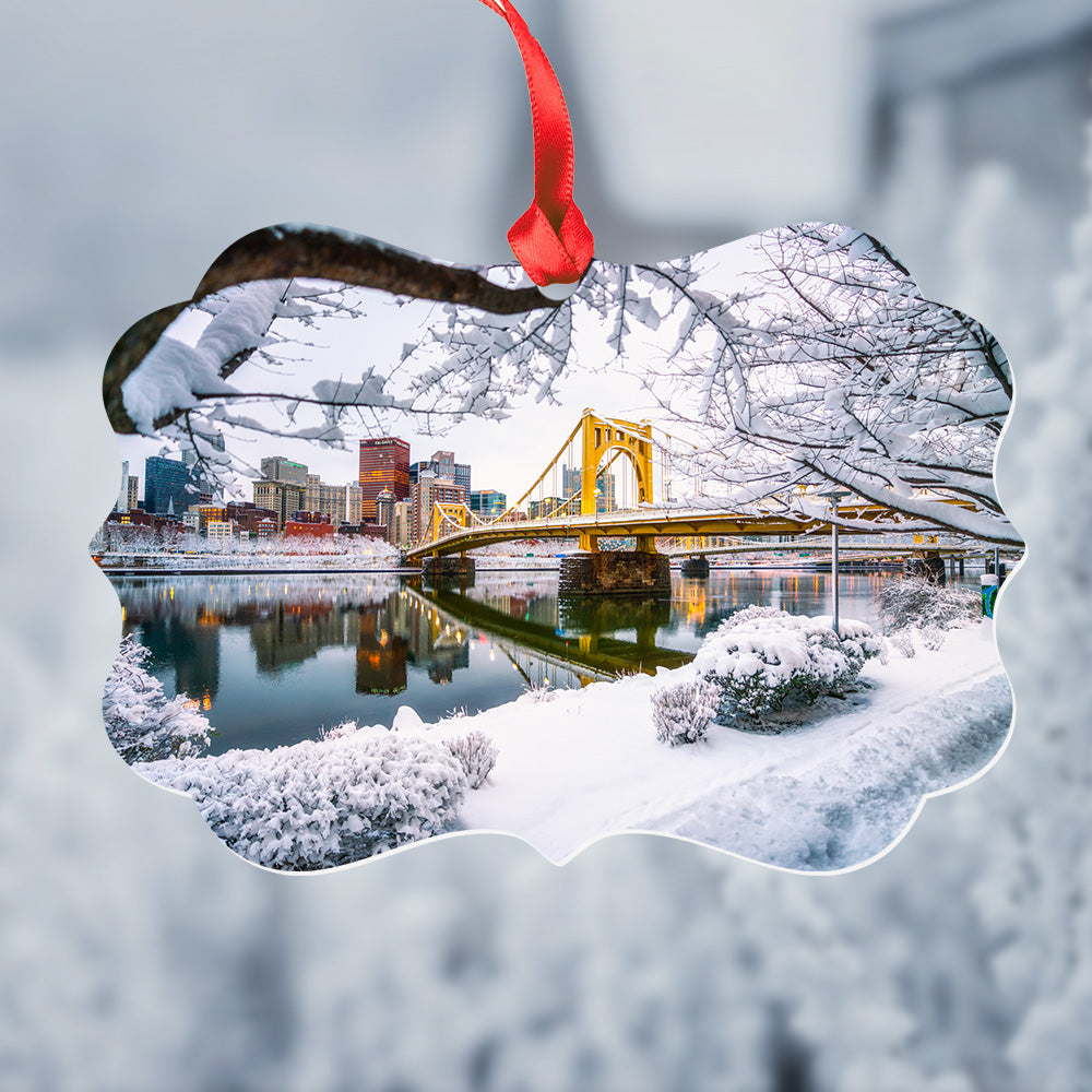 Pittsburgh in the Snow Metal Christmas Ornament