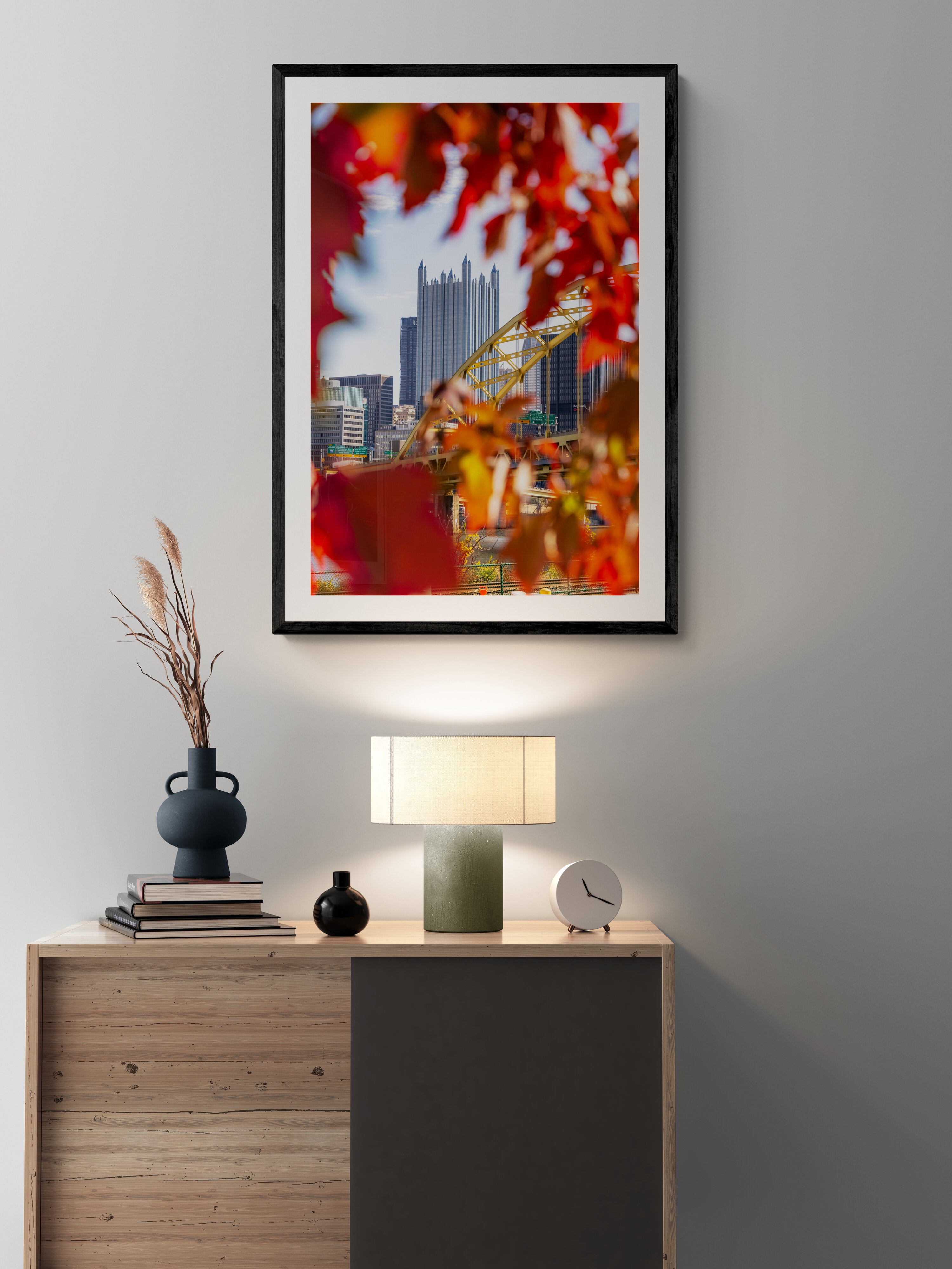PPG Place and Fort Pitt Bridge Framed by Vibrant Fall Leaves