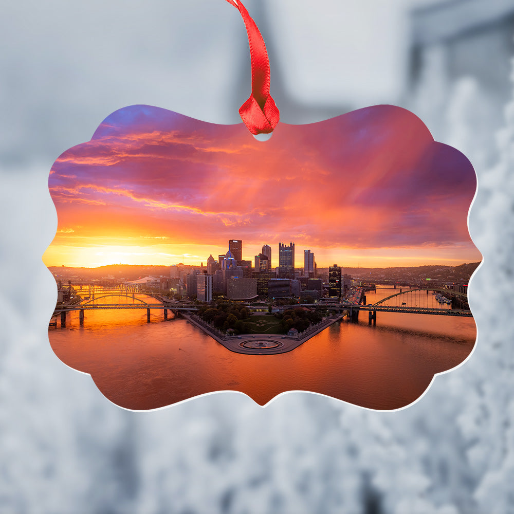 Three Rivers Epic Sunrise Metal Christmas Ornament