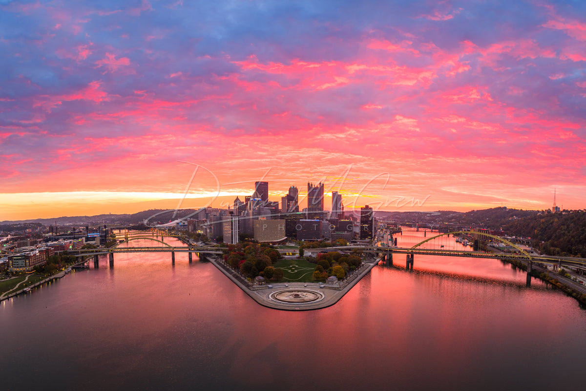 Pittsburgh Skyline Print - Spectacular Sunrise Over the Three Rivers ...