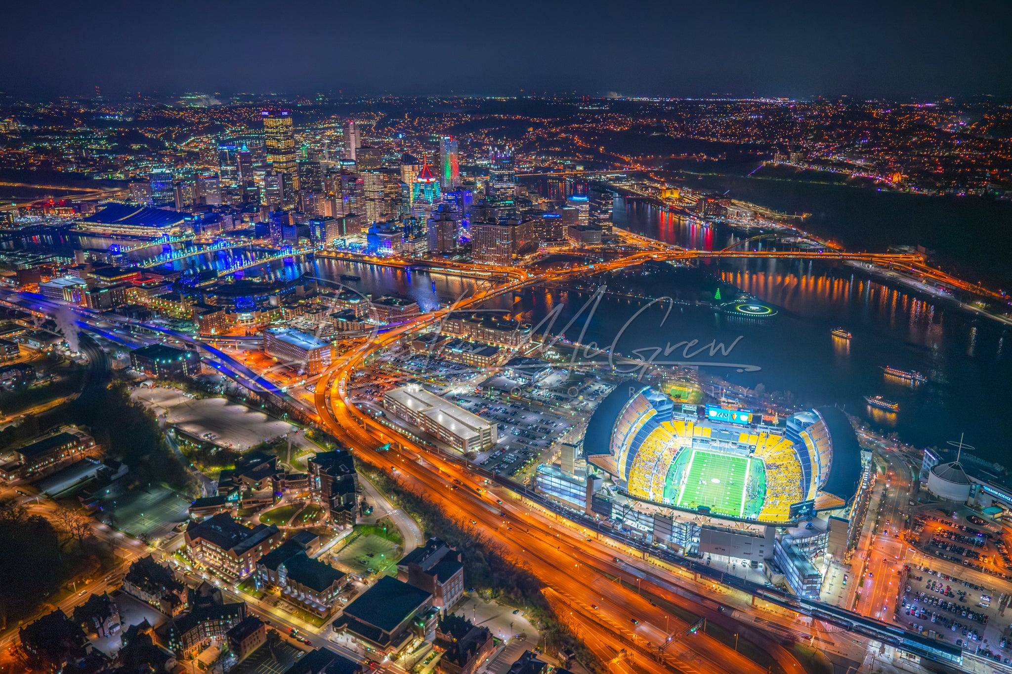 Aerial View of Pittsburgh and Acrisure Stadium on Light Up Night