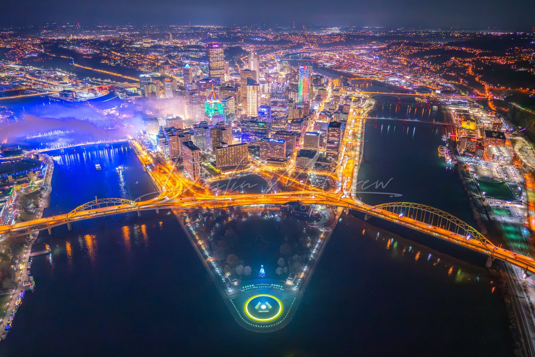 Pittsburgh's Light Up Night High Above the Three Rivers
