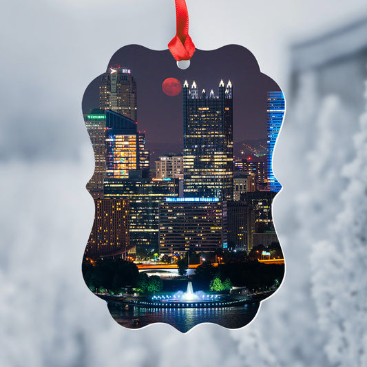 Pittsburgh Moonrise and Point State Park Metal Christmas Ornament