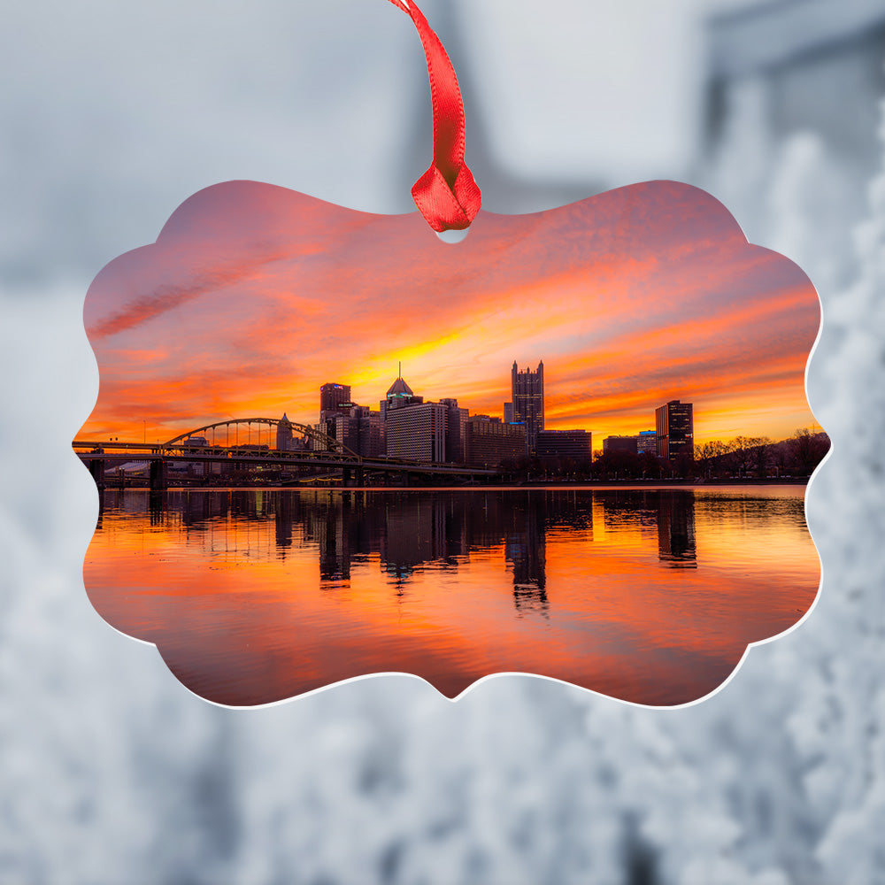 Vibrant Pittsburgh Sunrise Metal Christmas Ornament