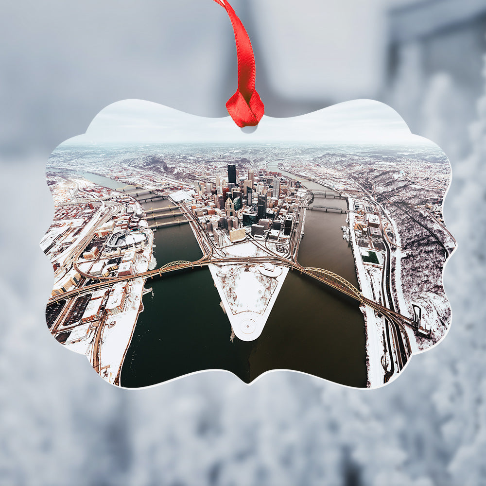 Snowy Pittsburgh from Above Metal Christmas Ornament