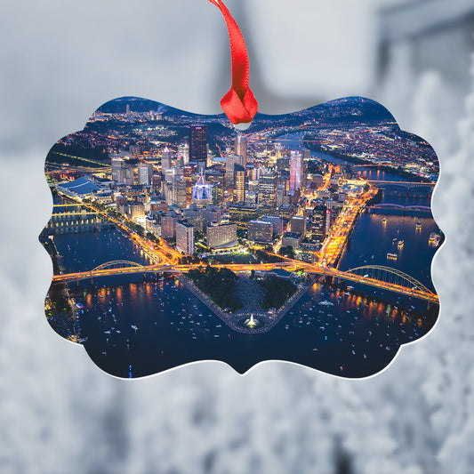 Pittsburgh Night Aerial Metal Christmas Ornament