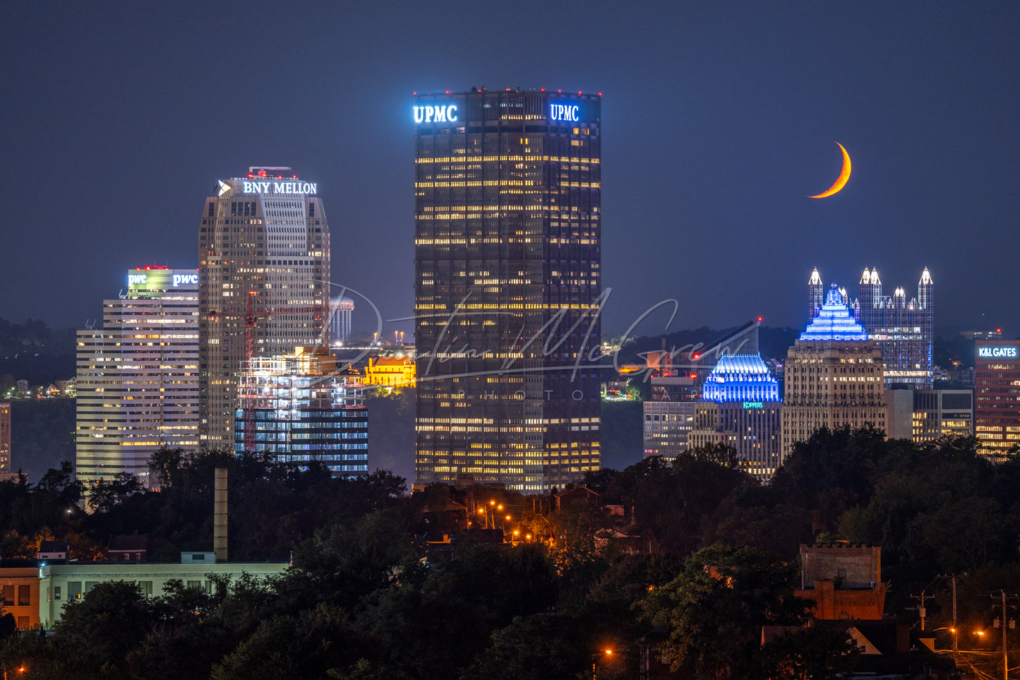 Pittsburgh Skyline and Crescent Moon