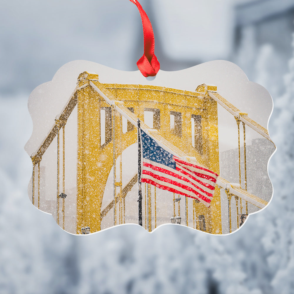 Snowy Clemente Bridge & U.S. Flag Metal Christmas Ornament