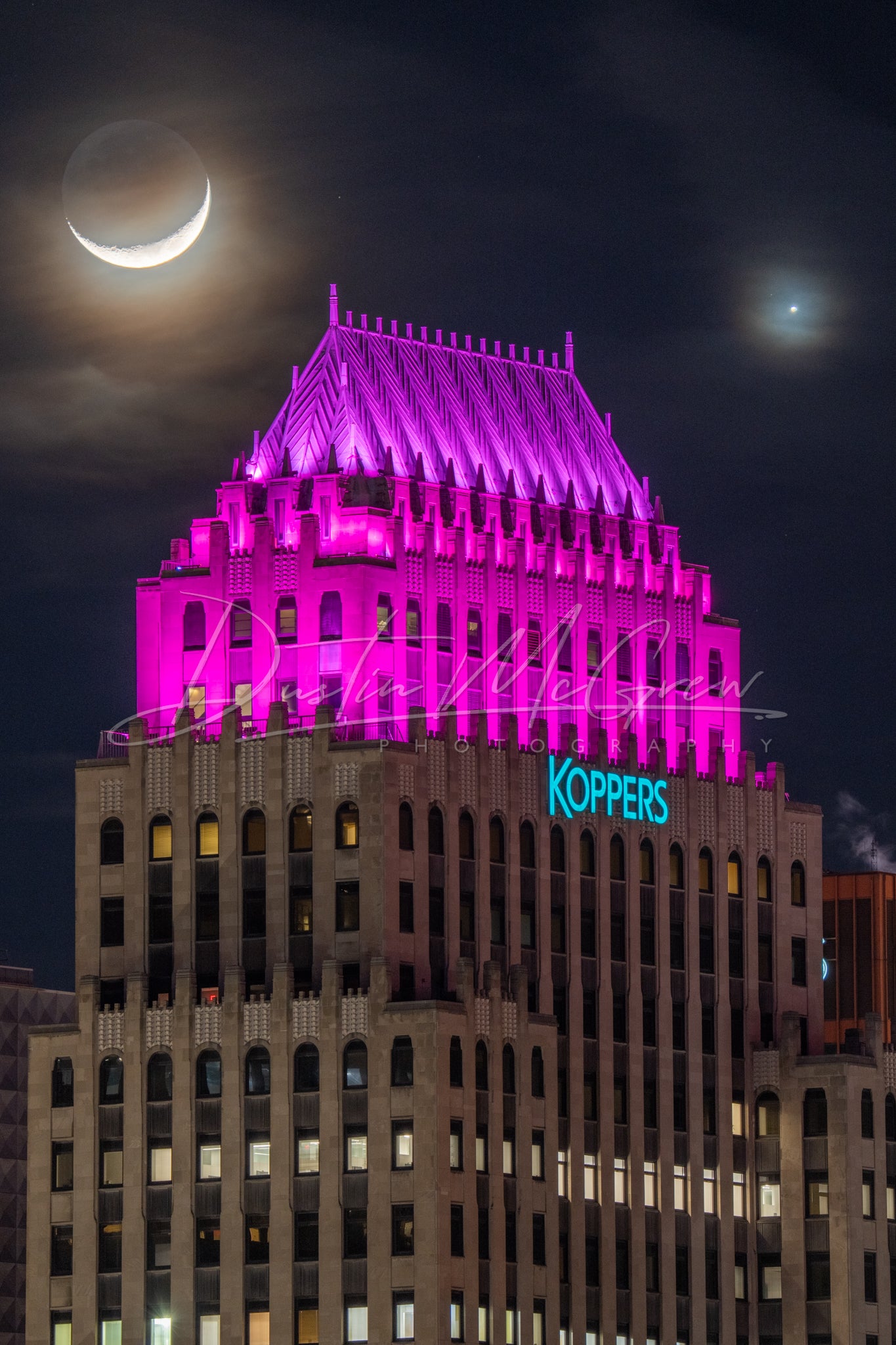 Moon and Venus Conjunction Over Koppers Building