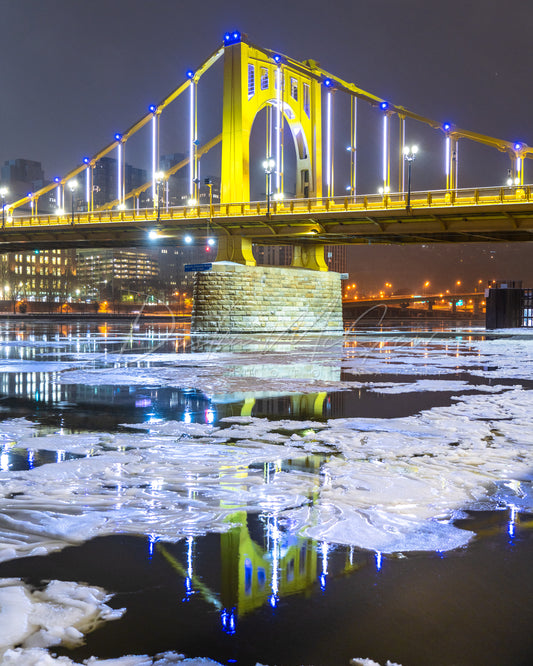 Clemente Bridge Reflecting in the Frozen Allegheny River