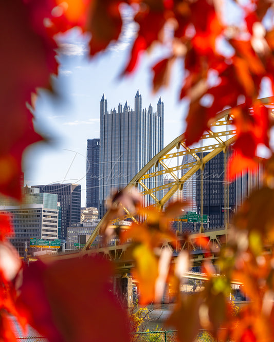 PPG Place and Fort Pitt Bridge Framed by Vibrant Fall Leaves