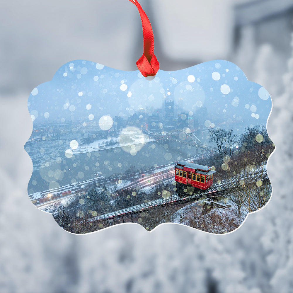 Snowy Duquesne Incline Metal Christmas Ornament