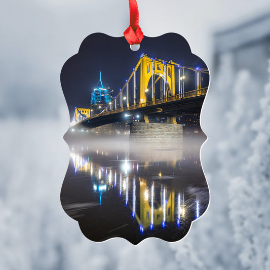 Foggy Allegheny River and Clemente Bridge Metal Christmas Ornament