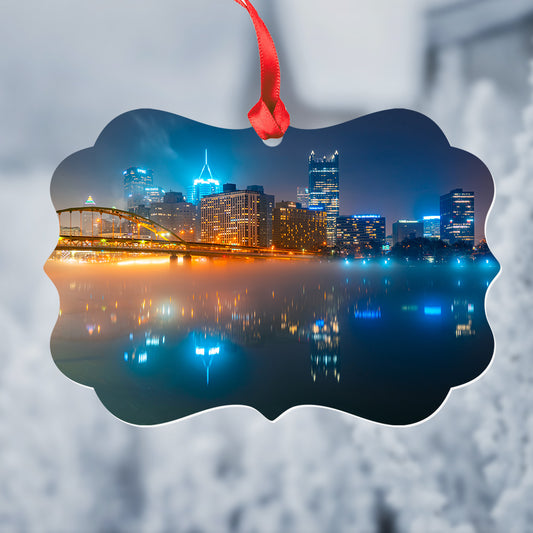 Pittsburgh Foggy River Reflection Metal Christmas Ornament