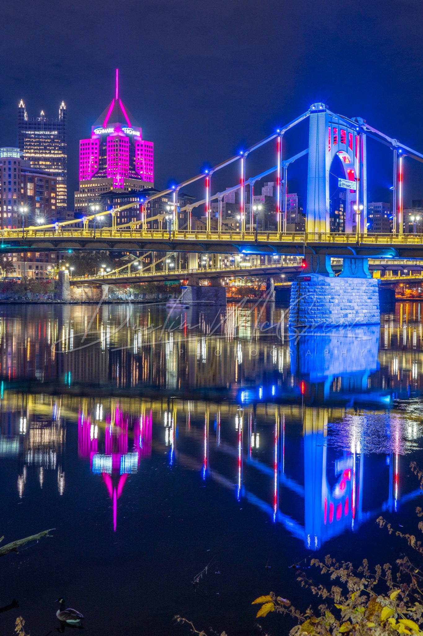 Red, White, and Blue Rachel Carson Bridge with PPG Place and 5th Ave Place