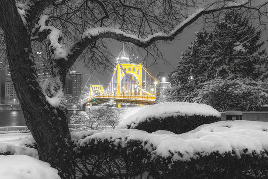 Snowy Pittsburgh and the Clemente Bridge
