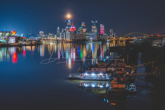 Pittsburgh Skyline and Towboat Moonrise