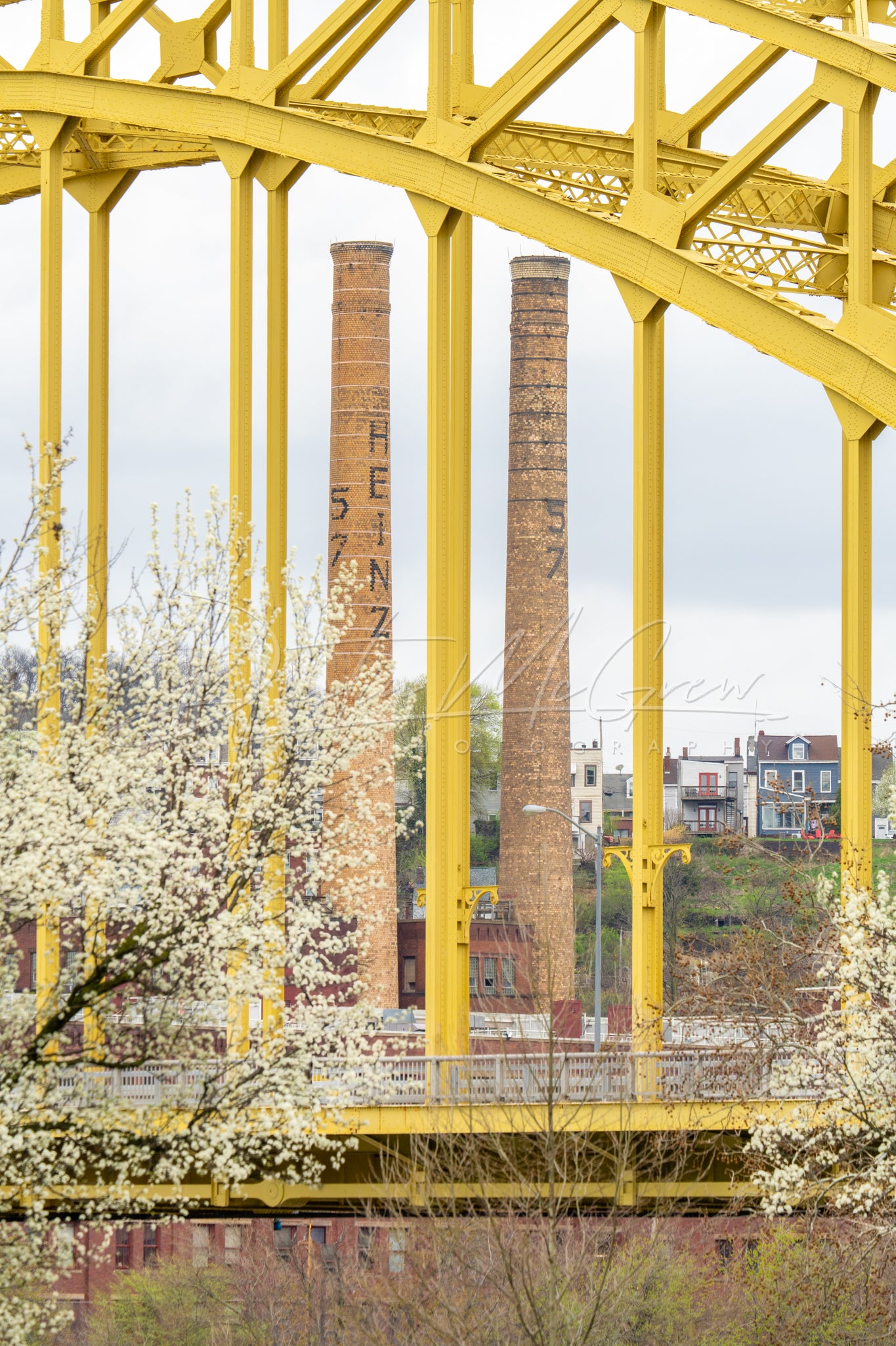 Heinz Smokestacks Framed by Pittsburgh's 16th St Bridge