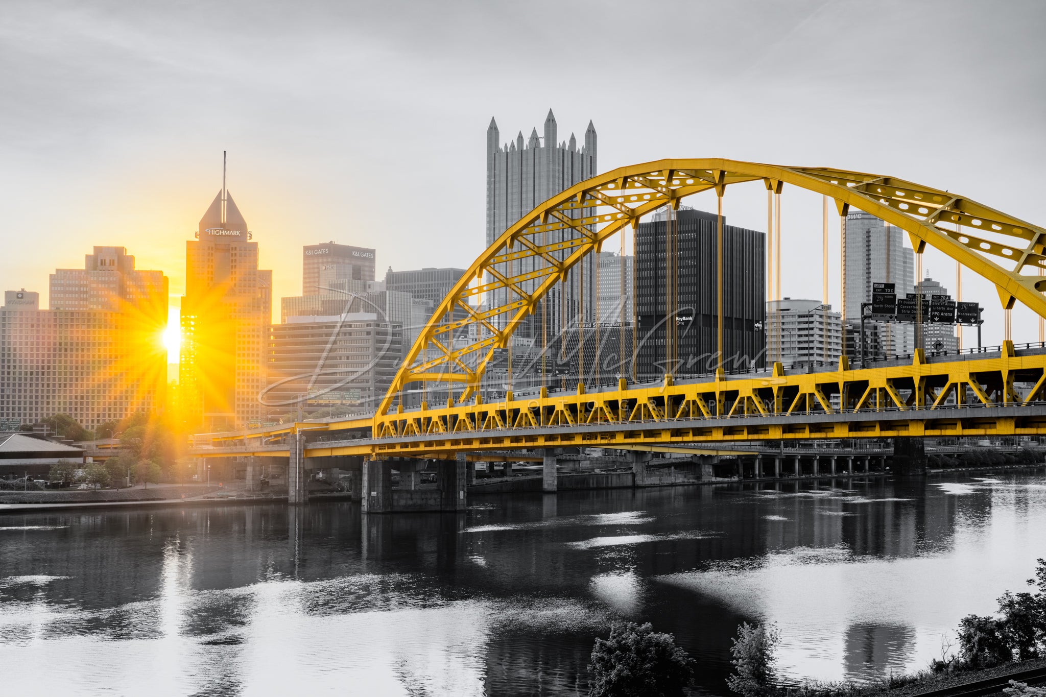 Black & Gold Fort Pitt Bridge Starburst Sunrise
