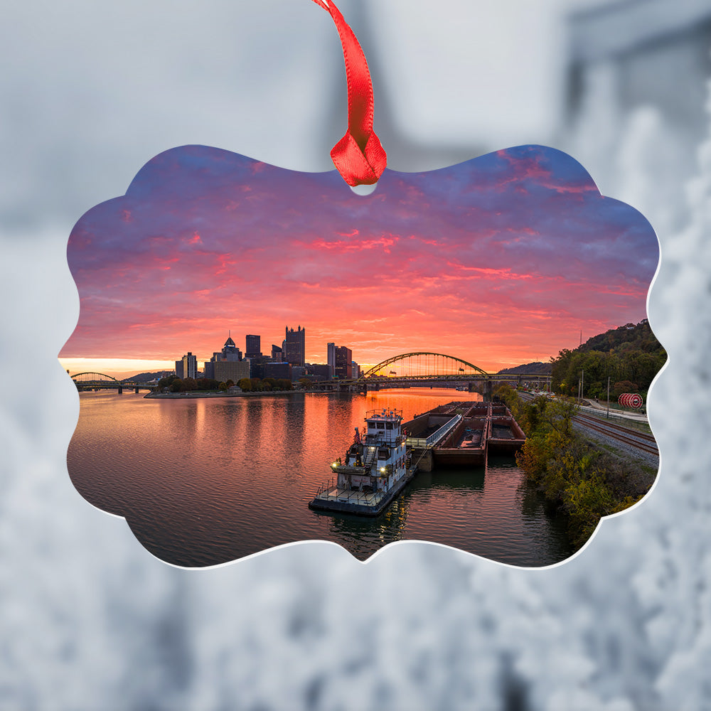 Pittsburgh Barge Sunrise Christmas Ornament