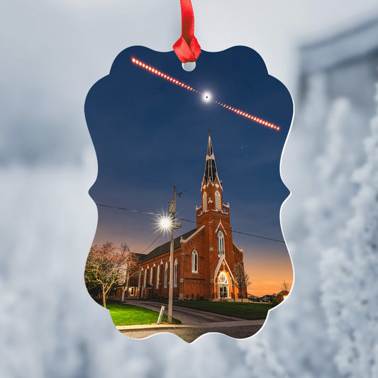 2024 Solar Eclipse and Trinity, IN Church Metal Christmas Ornament