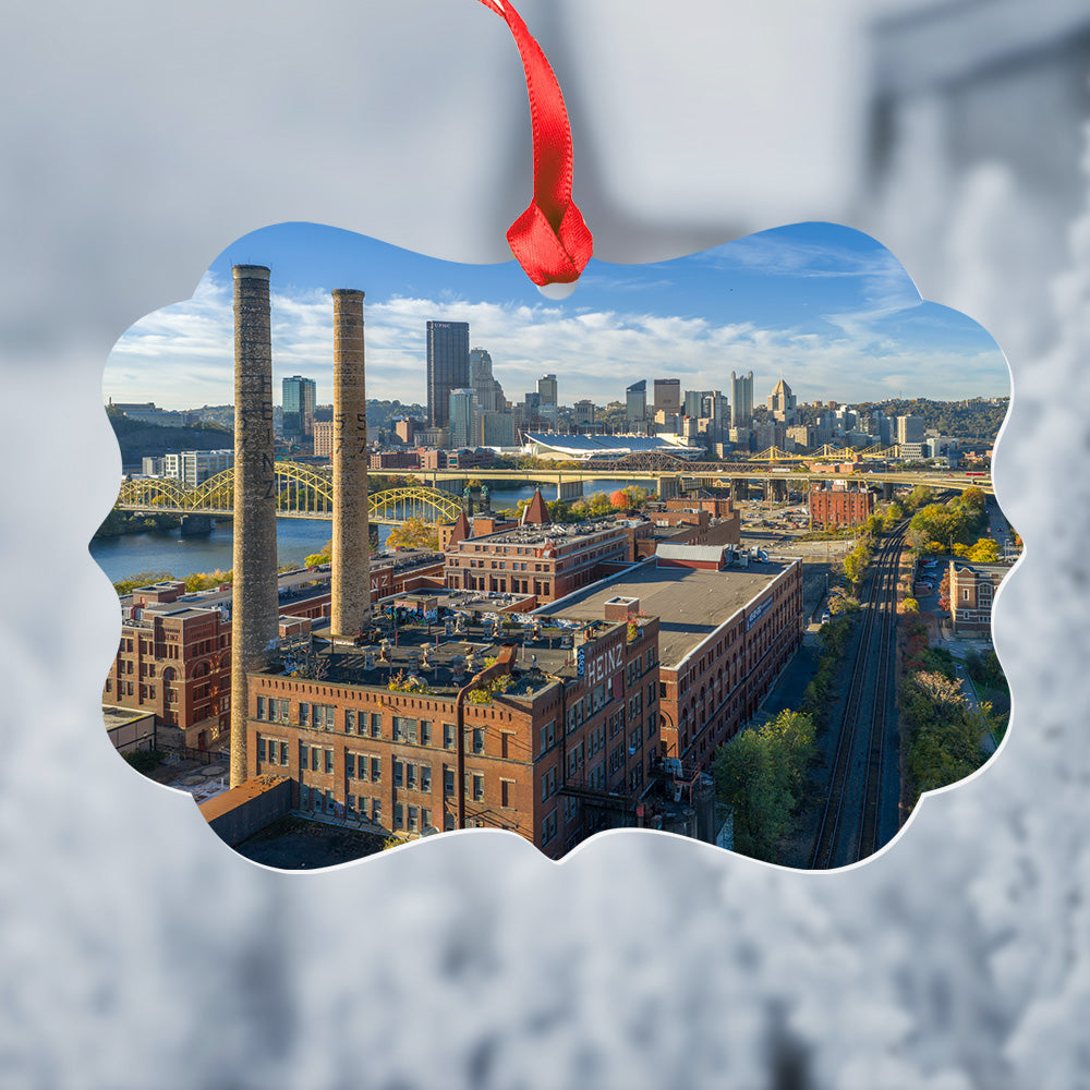 Pittsburgh Skyline and Heinz Smokestacks Christmas Ornament