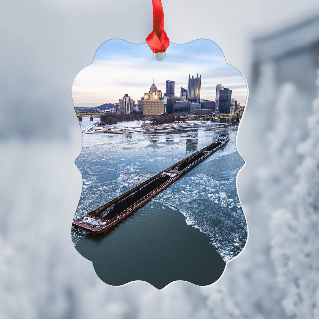 Barge on the Icy Three Rivers Christmas Ornament