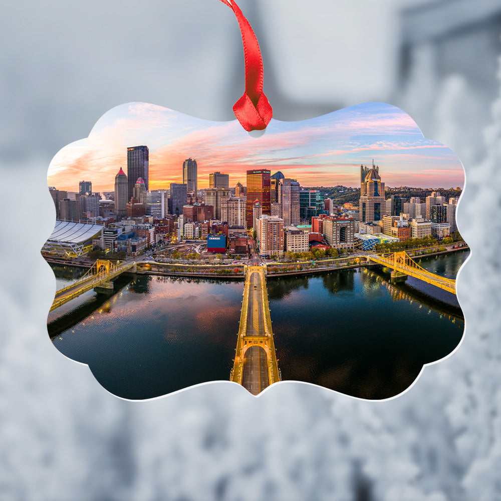 Pittsburgh Sister Bridges Sunrise Christmas Ornament
